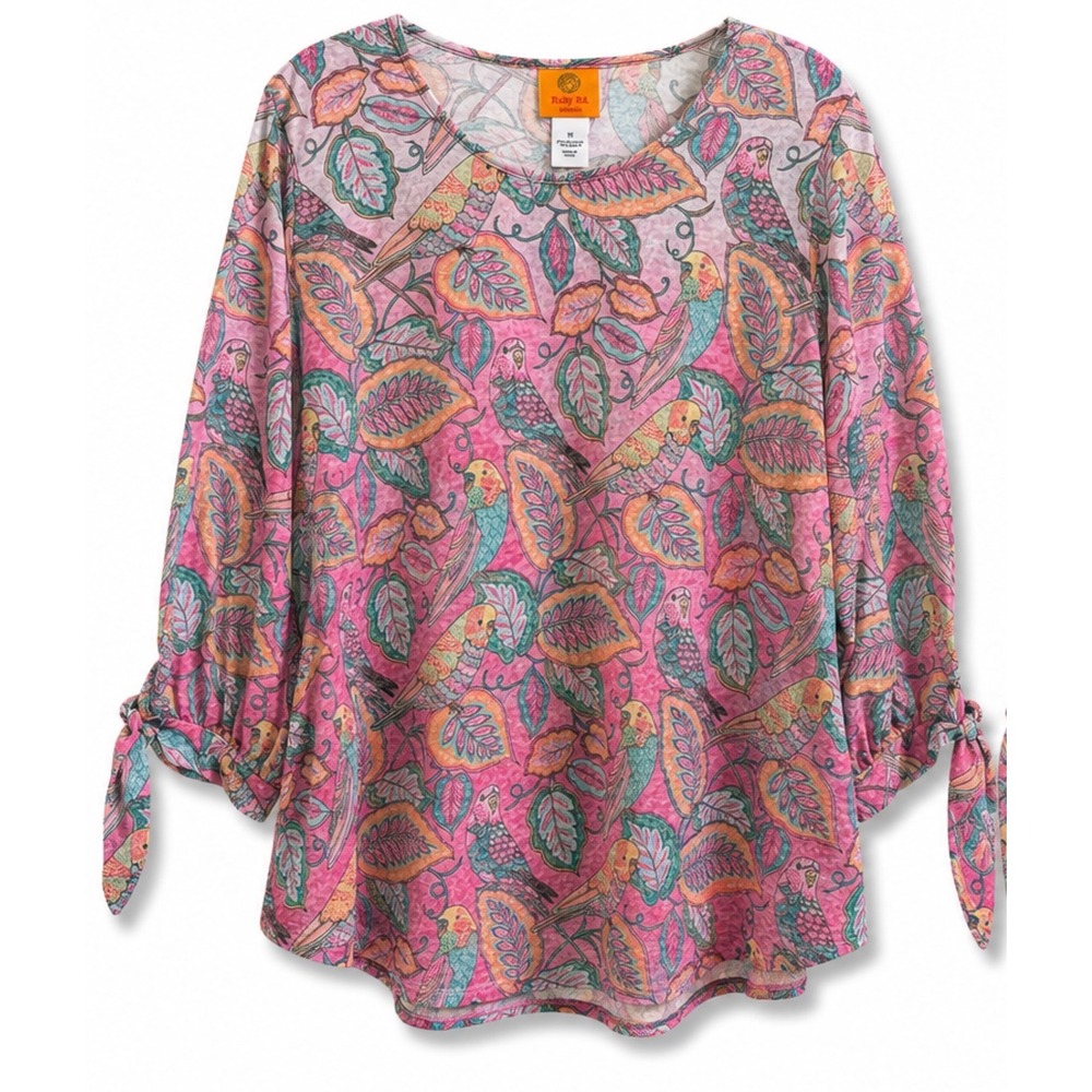 Ruby Rd Woman 1X Pink Parrot Tropical Print Blouse Boho Parakeet Top Tie Sleeve
